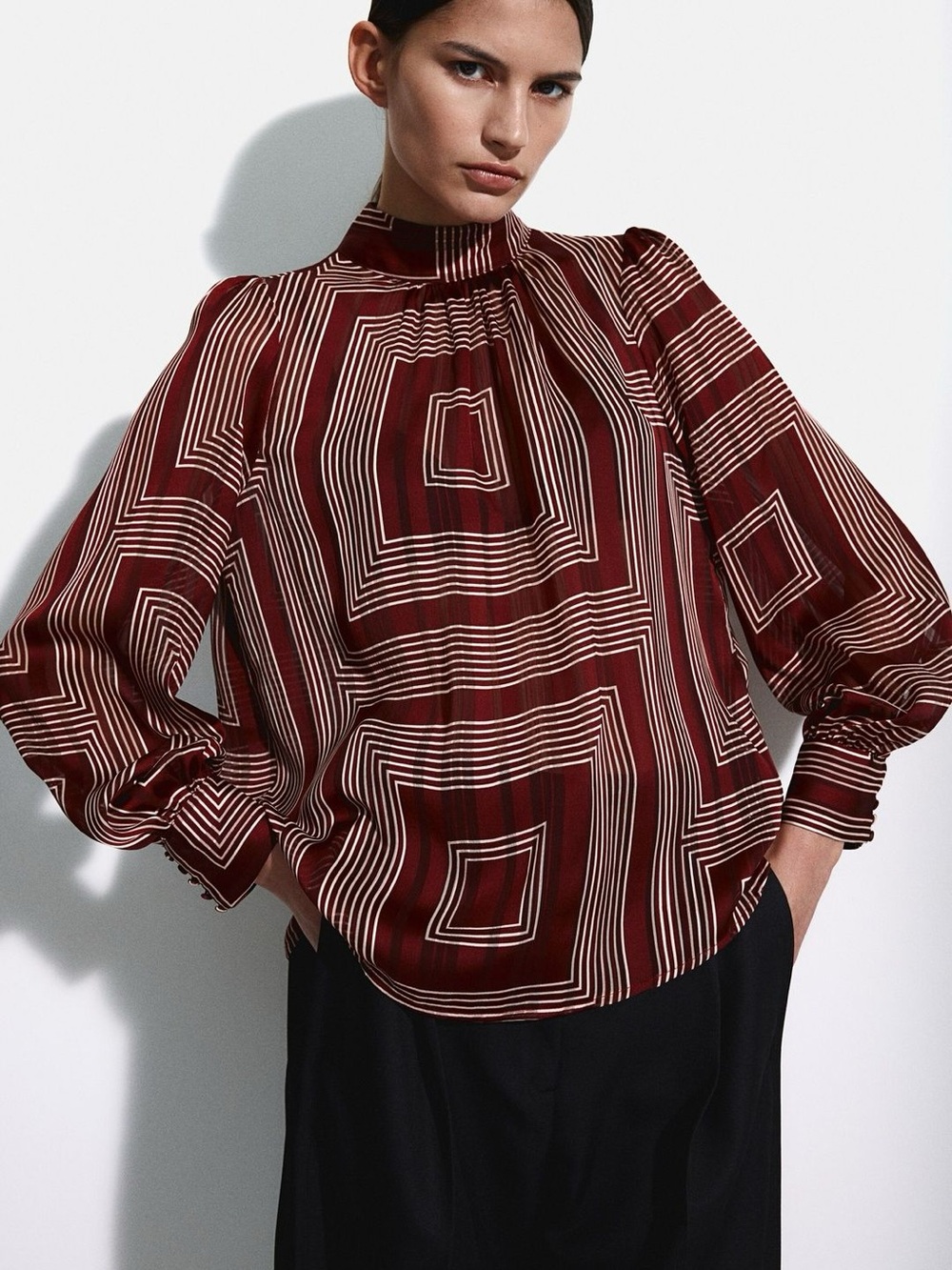 H&M Patterned Geometric Blouse Deep Red & White Sheer Top